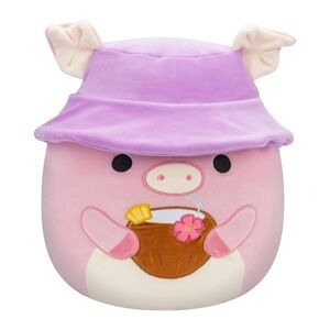Squishmallows Peter Pink Pig with Tropical Drink in Bucket Hat 8 inch Plush NWT